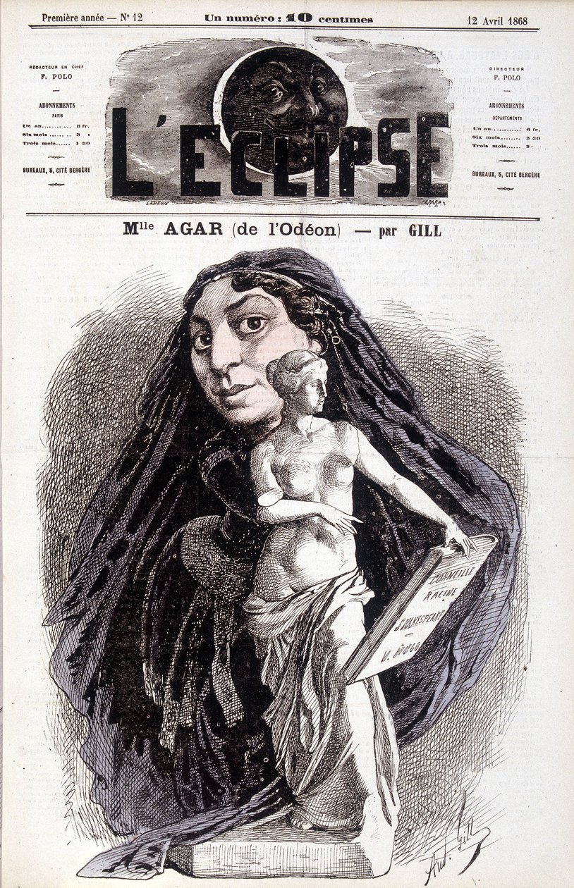 Mademoiselle Agar (do Odéon) Atriz da Academia Francesa. Desenho de Gill in the Eclipse de Andre Gill