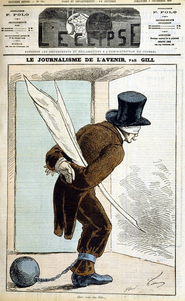 Homem com tiras de olhos com penas, mãos atadas e uma bola no pé: "Jornalismo do Futuro" - por Gill, em "L