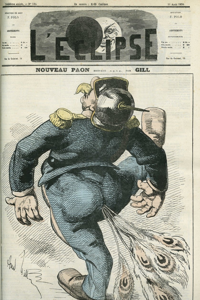 Novo Peacock, desenho animado por William I (1797-1888), vencedor da Guerra Franco-Prussiana. Capa em "L