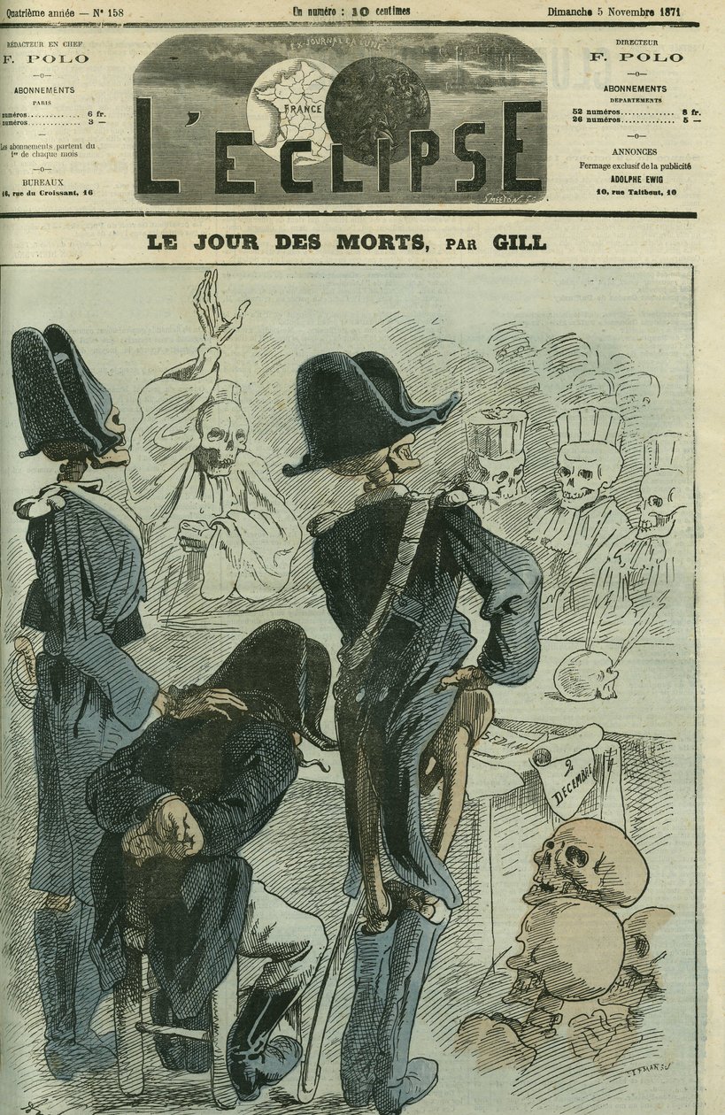 No dia dos mortos, Napoleão III (1808-1873) foi juiz diante de uma assembléia esqueleto para a derrota de Sedan. Capa em "L