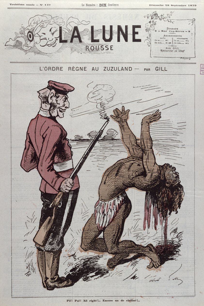 &39;Order Reigns in Zuzuland&39;, caricatura da colonização inglesa da África do Sul de &39;La Lune Rousse&39;, 1879 de Andre Gill