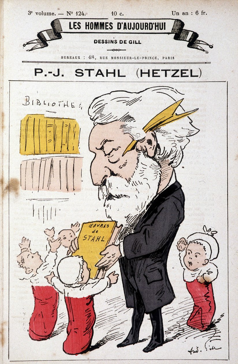 Retrato de Pierre Jules Hetzel oferecendo as obras de Stahl (seu pseudônimo) para crianças pequenas, "Os Homens de Hoje", n.d. final do dia 19. de Andre Gill