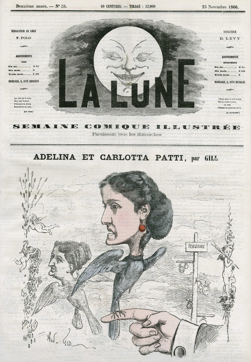 Retrato de Adelina (1843-1919) e Carlotta Patti (1835-1889), cantoras de ópera italianas. Cartoon de Gill, em "A Lua", 25 de novembro de Andre Gill