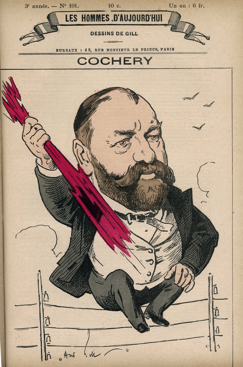 Retrato de Adolphe Cochery (1819-1900), advogado e político francês, foi o fundador da Ecole Superieure de Telegraphie (a atual Ecole Nationale Superieure des Telecommunications). Desenho animado de Gill, Paris. de Andre Gill