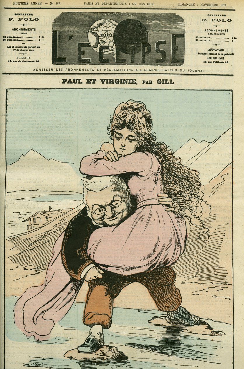 Retrato de Adolphe Thiers (1797-1877), historiador e político francês, representado em "Paul et Virginie" (a República). Capa em "L