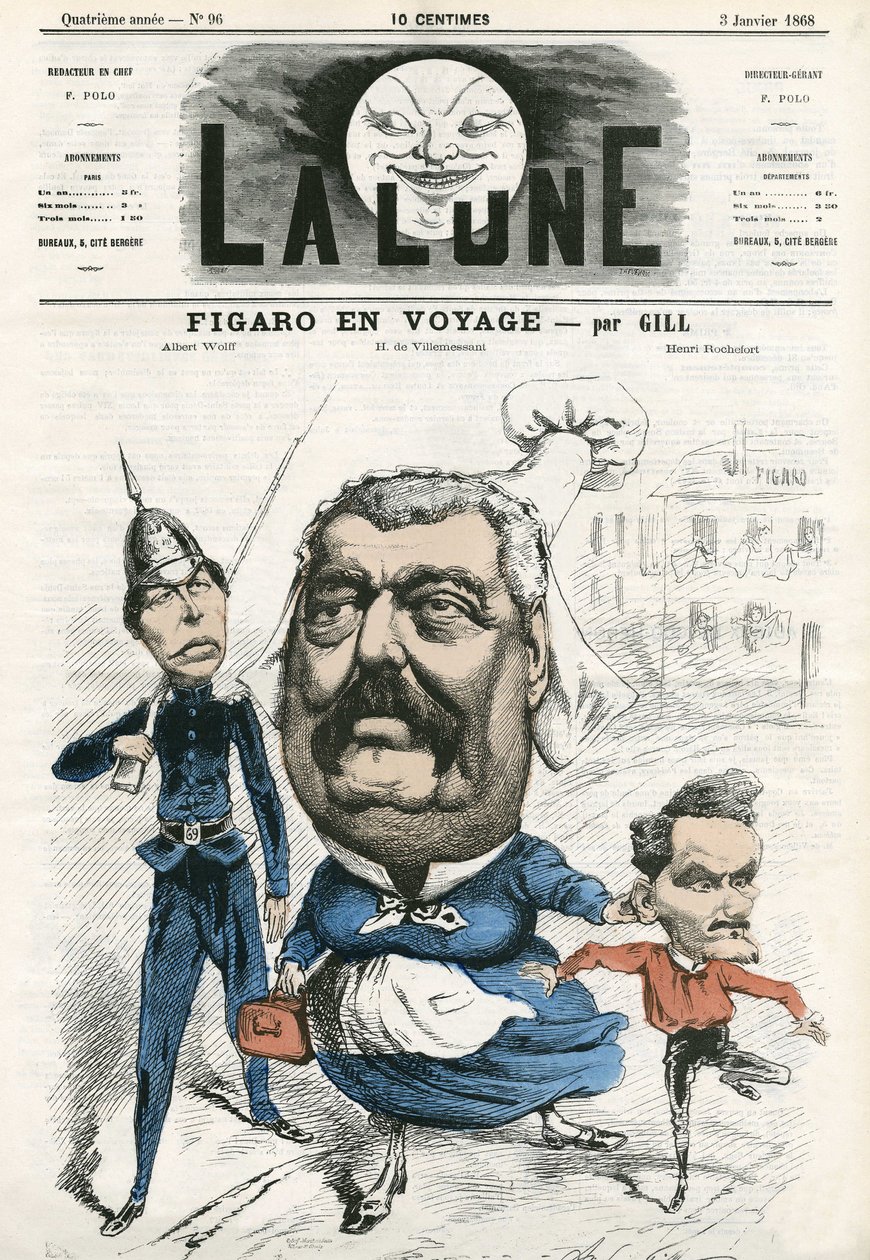 Retrato de Albert Wolff, Hippolyte de Villemessant (1812-1879) e Henri Rochefort (1831-1913), jornalistas do Figaro. Cartoon de Gill, em "A Lua", 3 de janeiro de Andre Gill