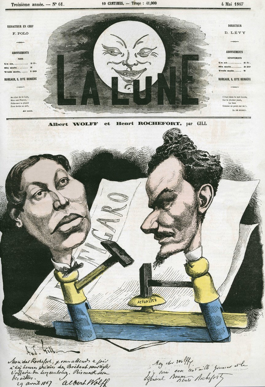 Retrato de Albert Wolff e Henri Rochefort (1831-1913) jornalista e político francês. Desenho animado de Gill, em "The Moon", 4 de maio de Andre Gill