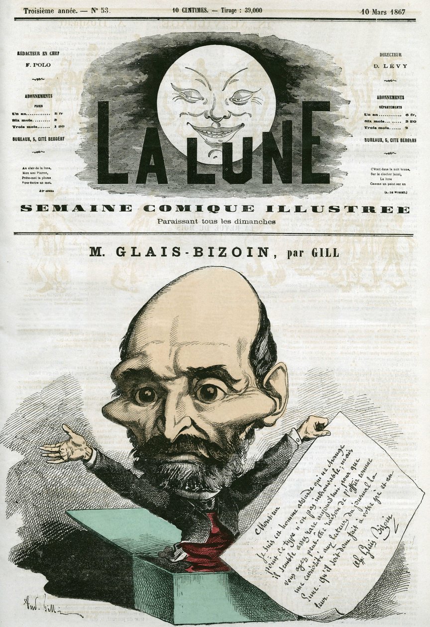 Retrato de Alexandre Glais-Bizoin (1800-1877), político francês e fundador do jornal "La Tribune". Desenho animado de Gill, em "La Lune", 10 de março de Andre Gill