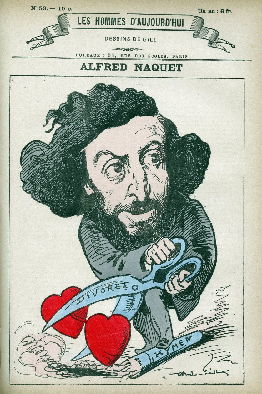 Retrato de Alfred Naquet (1834-1916), médico, químico e político francês, ele restabeleceu a lei que autoriza o divórcio em 1884. Desenho animado de Gill, Paris. de Andre Gill