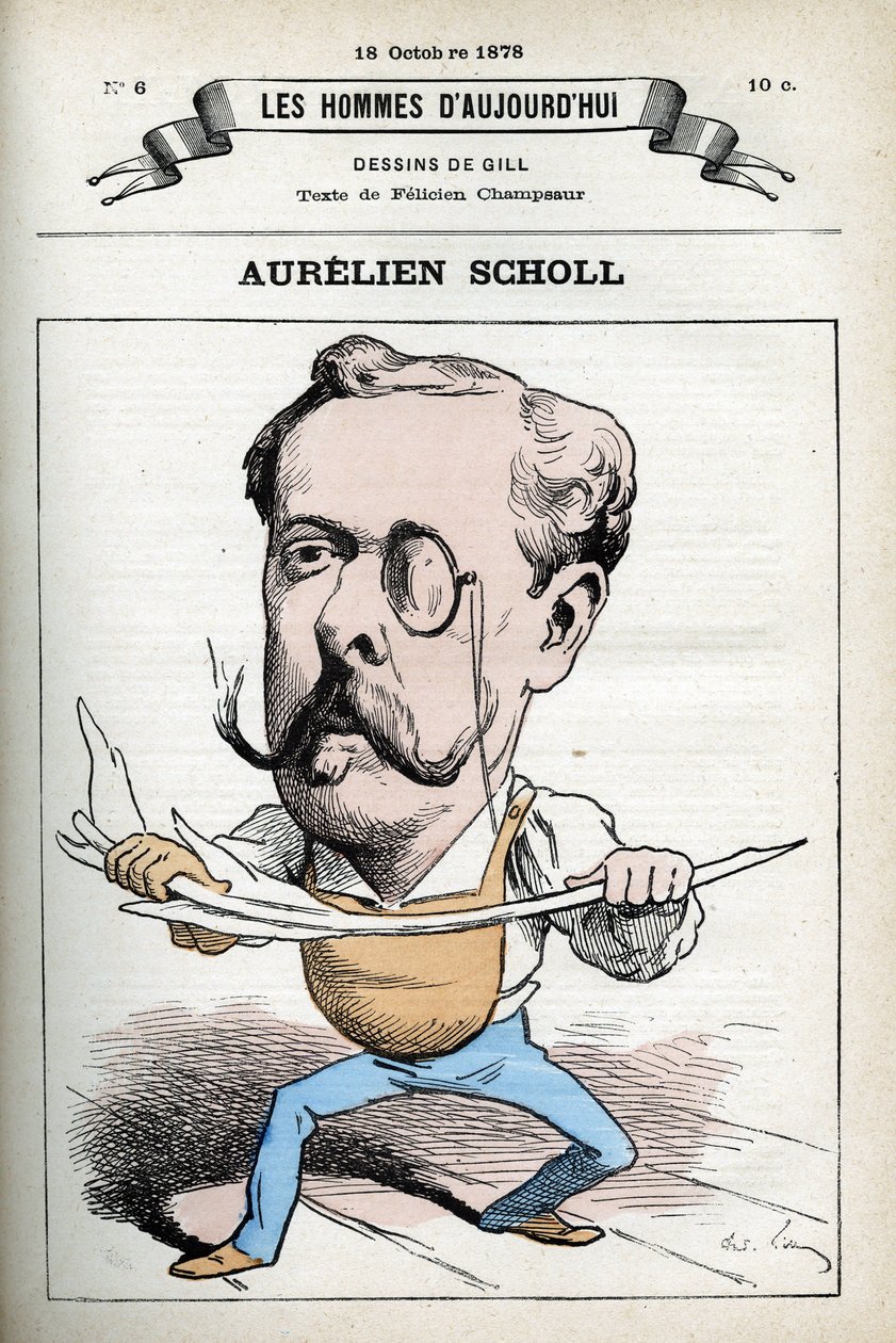 Retrato de Aurelien Scholl (1833-1902), jornalista, escritor e comediante francês. Desenho animado de Gill, Paris. de Andre Gill