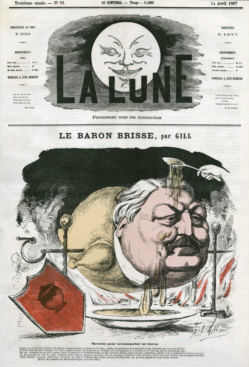 Retrato do Barão Brisse (1813-1876), jornalista gastronómico francês. Cartoon de Gill, em "The Moon", 14 de abril de Andre Gill