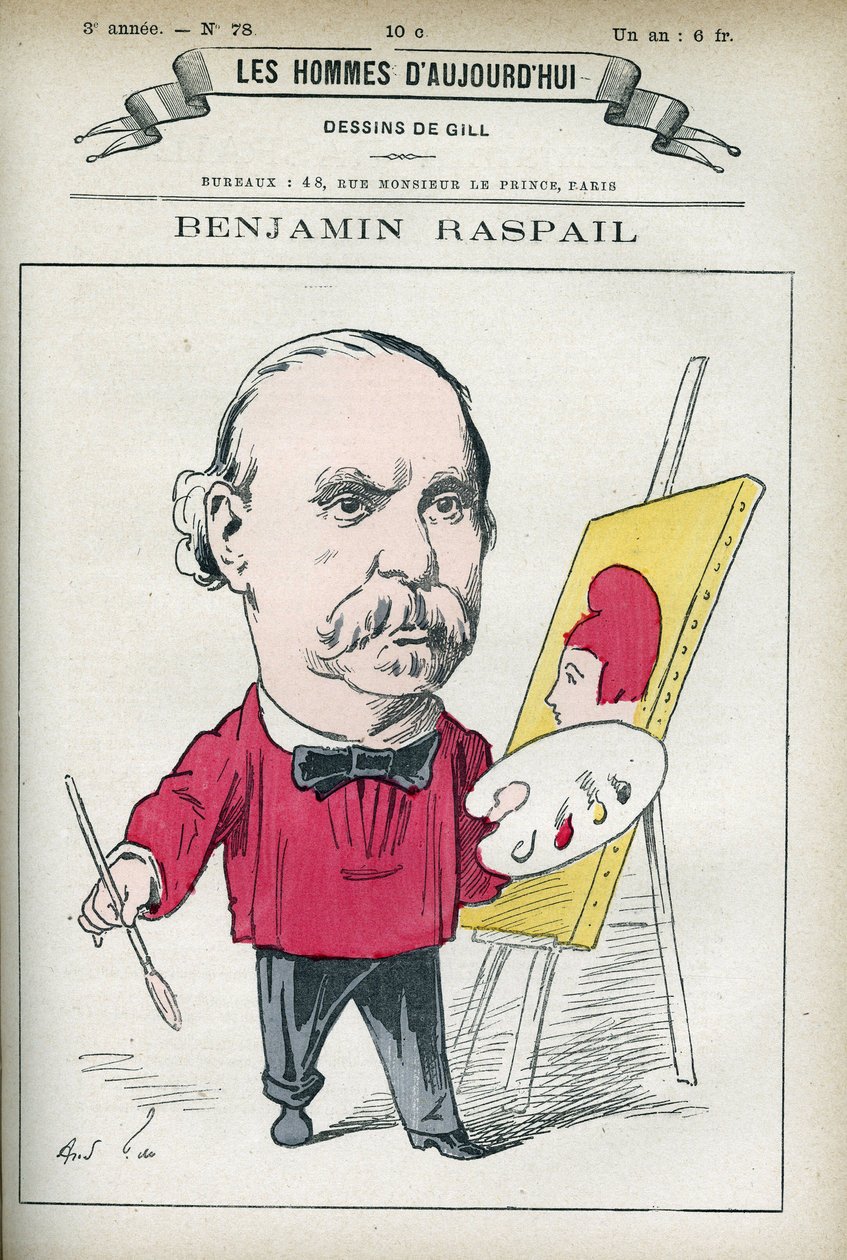 Retrato de Benjamin Raspail (1823-1899), pintor e político francês, esteve na origem da lei fazendo do 14 de Julho o feriado nacional. Desenho animado de Gill, Paris. de Andre Gill