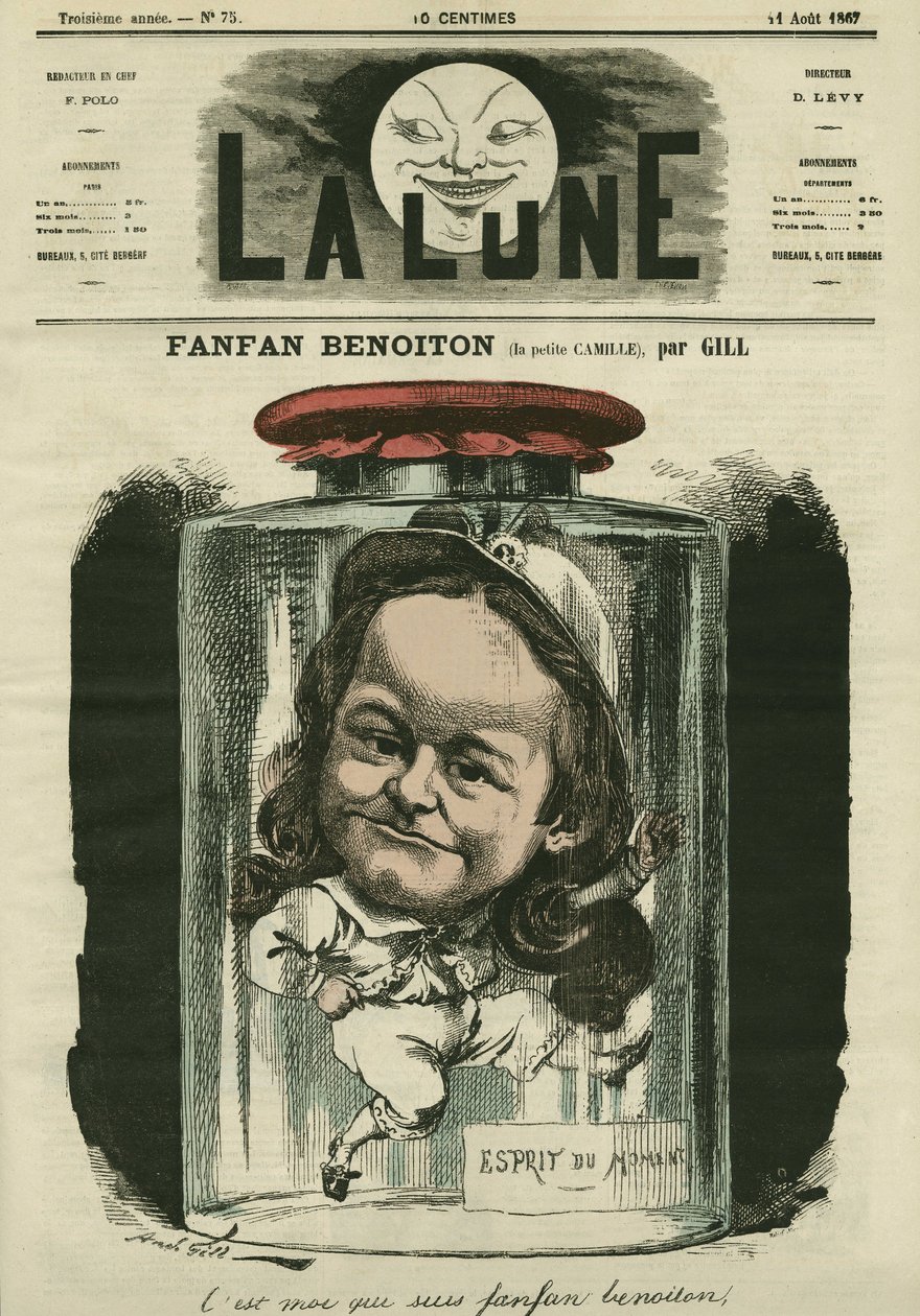 Retrato de Camille Schelter, atriz no papel de Fanfan Benoiton. Desenho animado de Gill, em "A Lua", 11 de agosto de Andre Gill