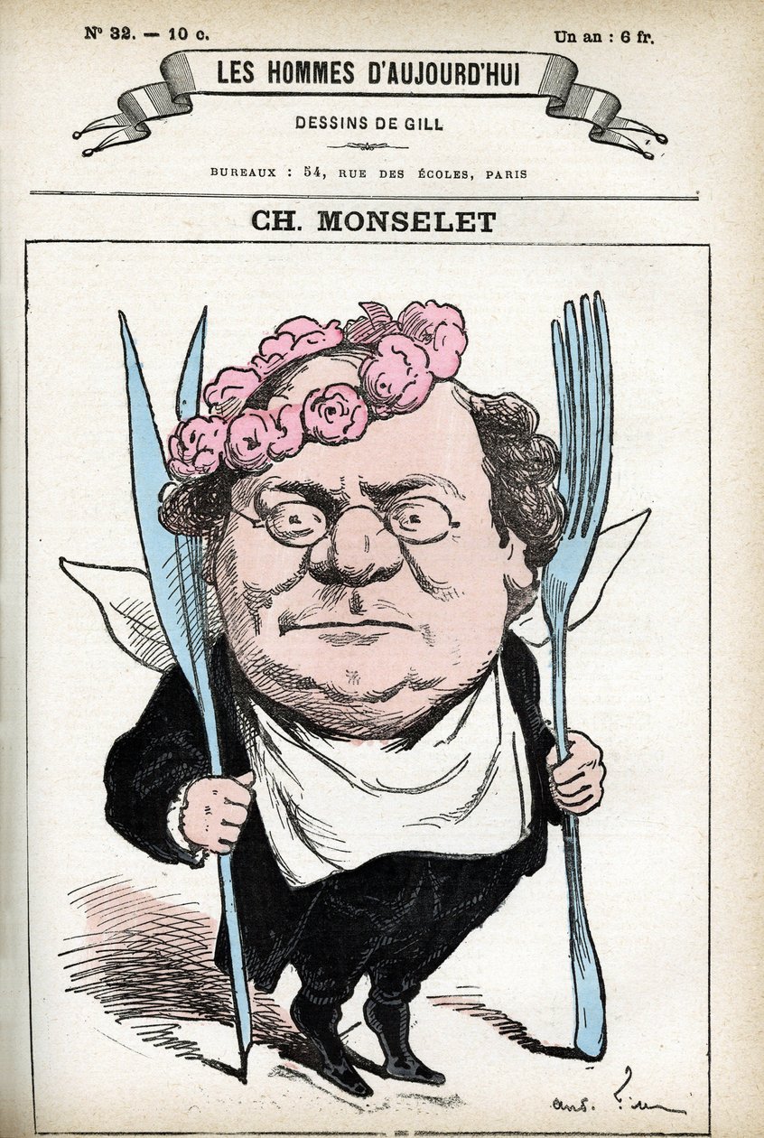 Retrato de Charles Monselet (1825-1888), poeta, jornalista, romancista e gastrônomo francês. Cartoon de Gill, em "Les Homme d