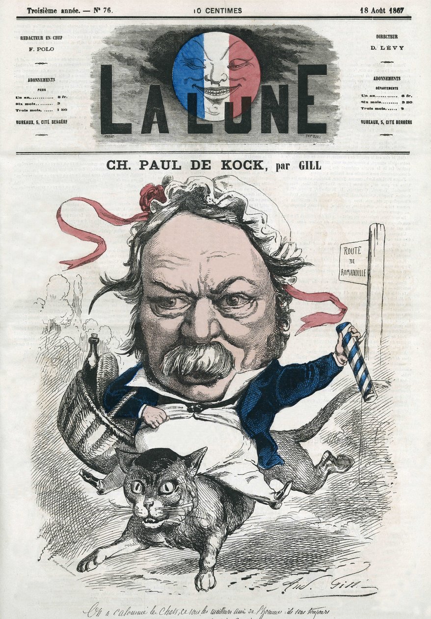 Retrato de Charles Paul de Kock (1793-1871), romancista popular francês. Cartoon de Gill, em "The Moon", 18 de agosto de Andre Gill