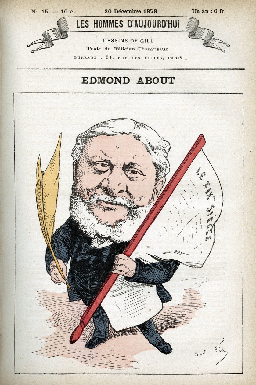 Retrato de Edmond About (1828-1885), romancista, dramaturgo e crítico de arte francês. Desenho animado de Gill, Paris. de Andre Gill
