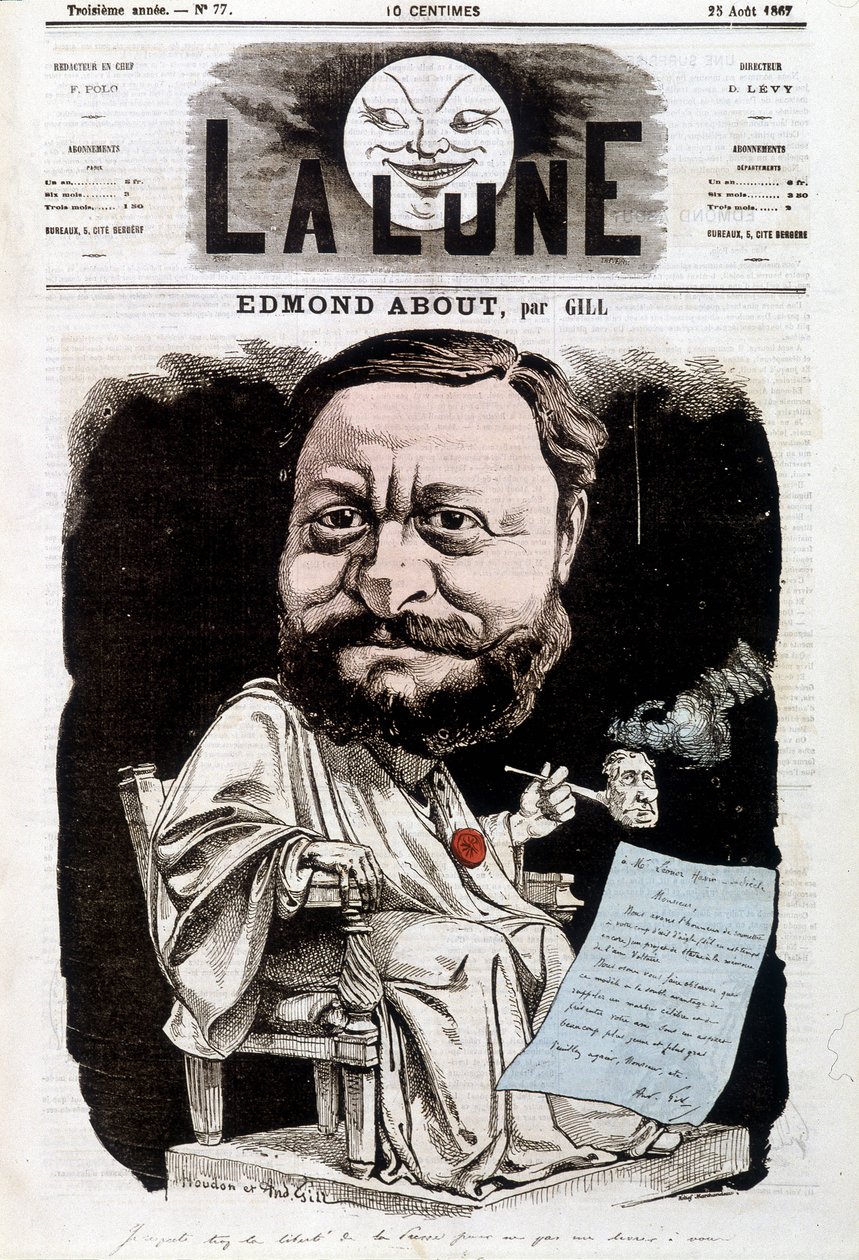 Retrato de Edmond About, escritor francês (1828-1885). Em La lune, 25/08/1867. Caricatura de Gill. de Andre Gill