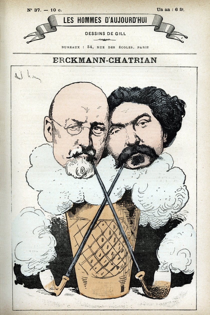 Retrato de Emile Erckmann (1822-1899) e Alexandre Chatrian (1826-1890), romancistas franceses. Cartoon de Gill, em "Les Homme d