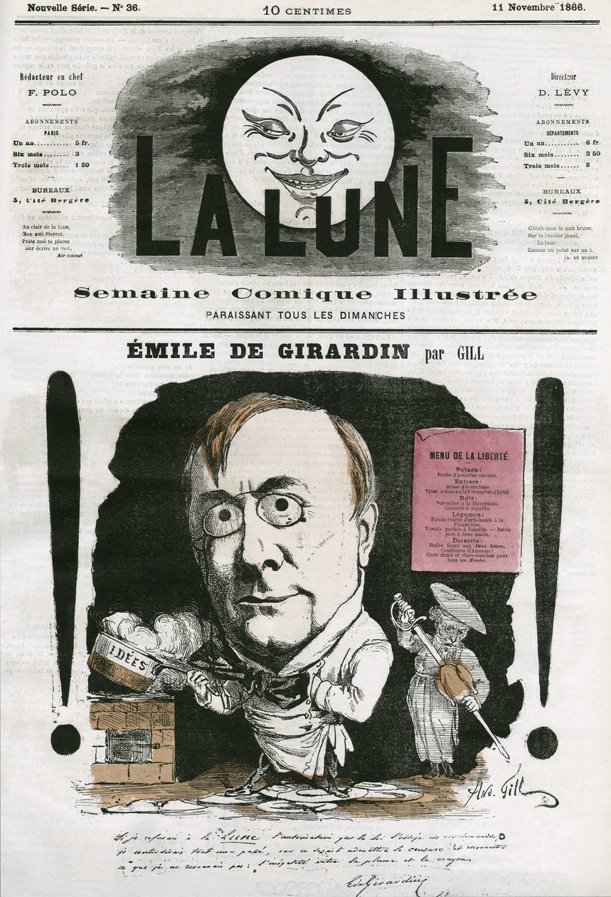 Retrato de Emile de Girardin (1806-1881), jornalista francês. Cartoon de Gill, em "A Lua", 11 de novembro de Andre Gill
