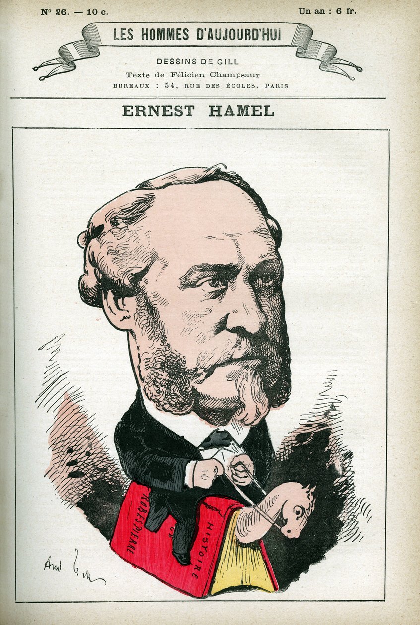 Retrato de Ernest Hamel (1826-1898), advogado e político francês. Cartoon de Gill, em "Les Homme d