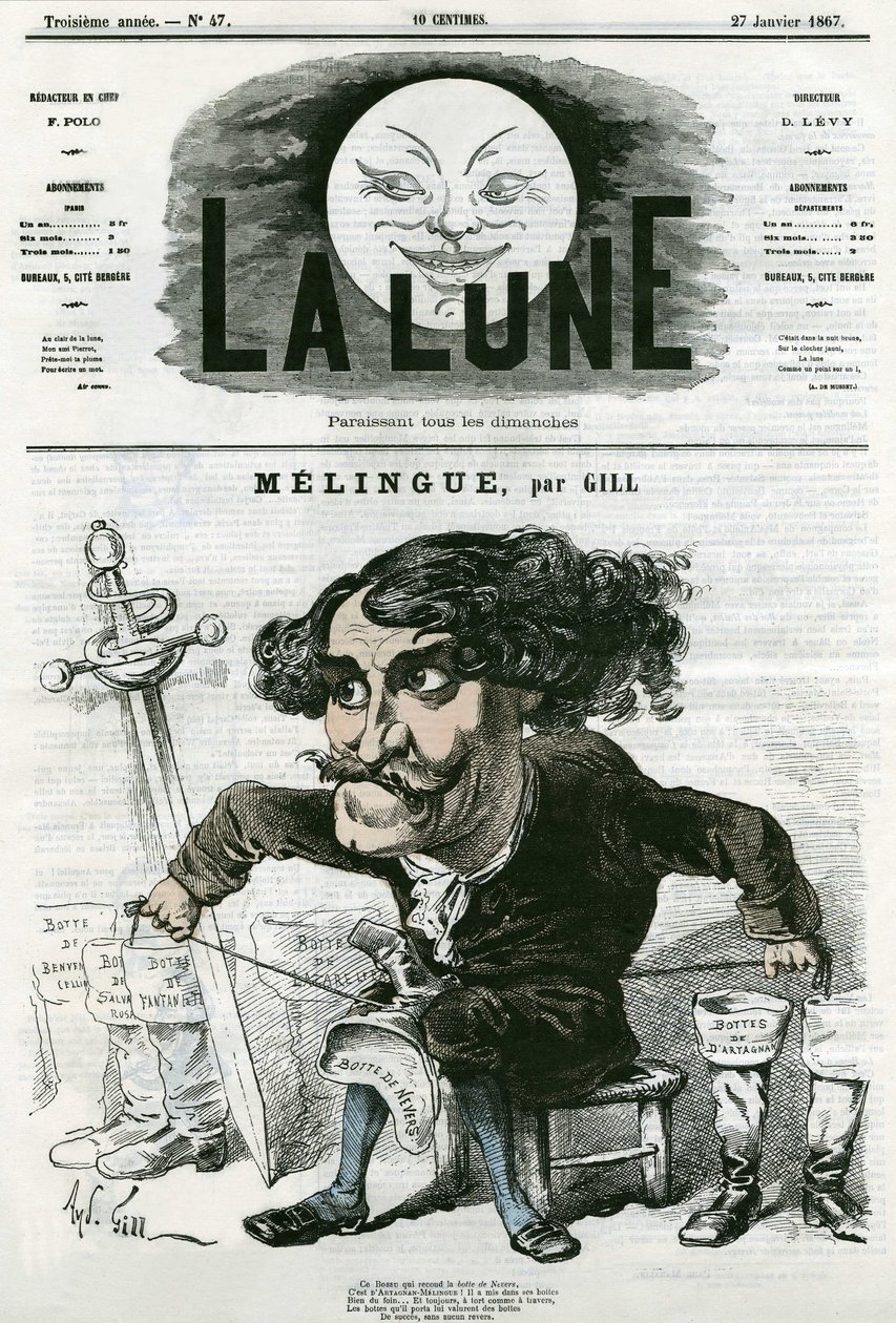 Retrato de Etienne Marin Melingue (1808-1875), ator e escultor francês. Desenho animado de Gill, em "La Lune", 27 de janeiro de Andre Gill