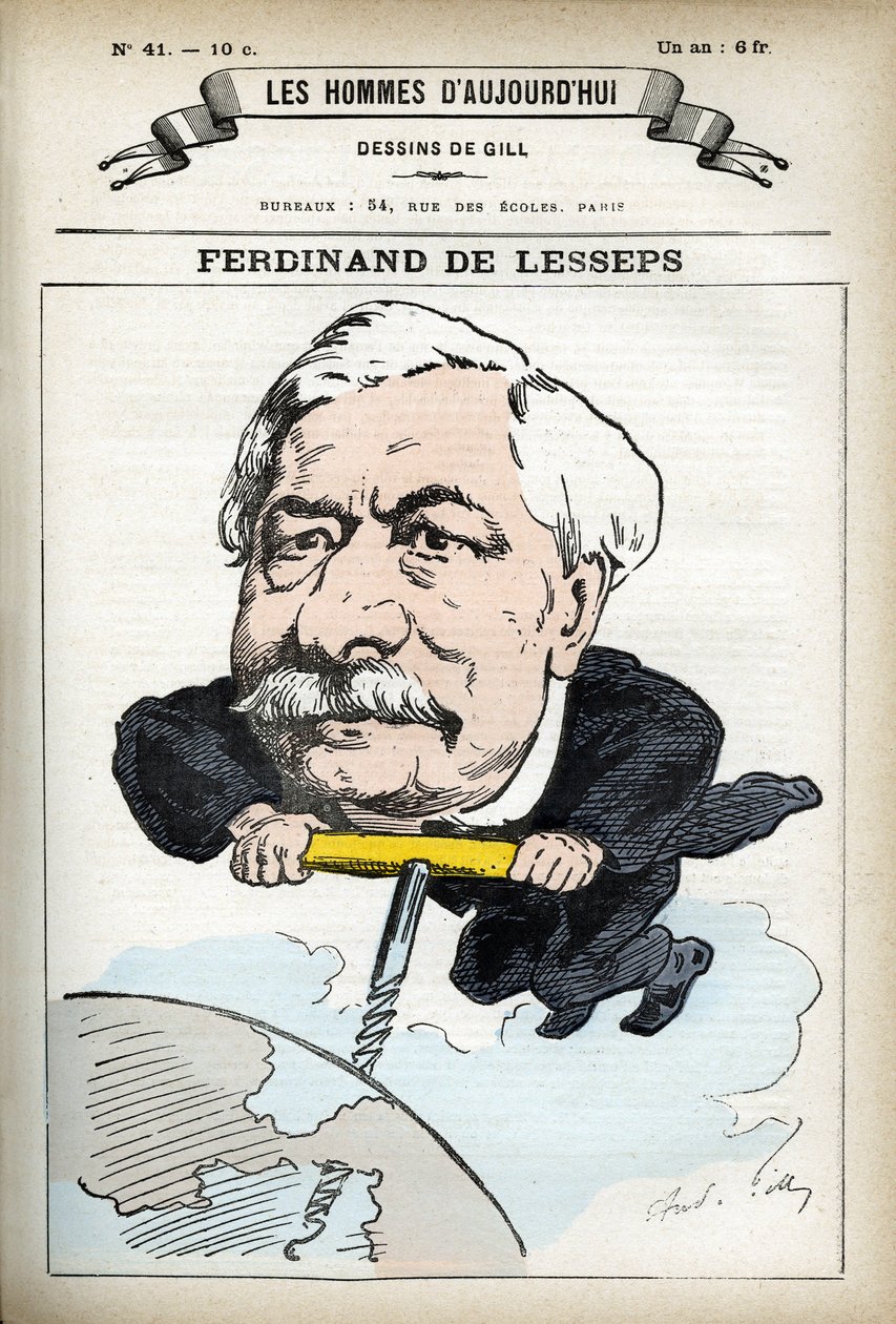Retrato de Ferninand de Lesseps (1805-1894), diplomata francês. Cartoon de Gill, em "Les Homme d