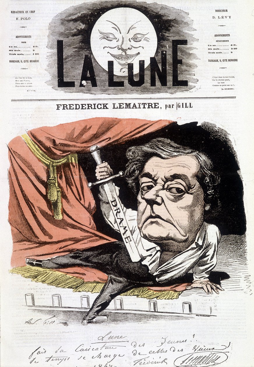 Retrato de Frédérick Lemaître (1800-1876), ator dramartuge francês. Desenho animado de Gill em "La Lune", 16 de junho de Andre Gill