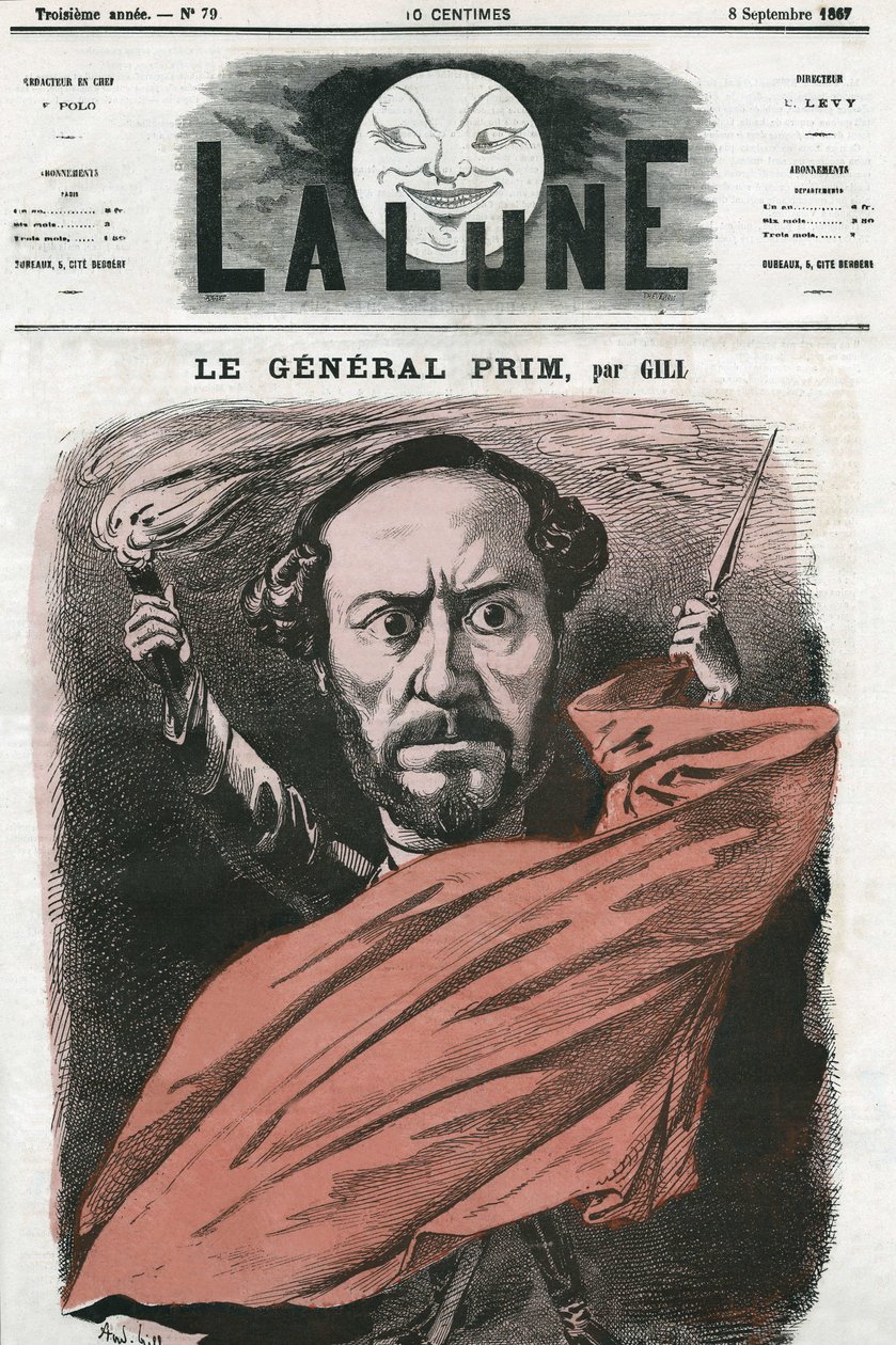 Retrato do General Juan Prim (1814-1870), militar e político espanhol. Cartoon de Gill, em "A Lua", 8 de setembro de Andre Gill