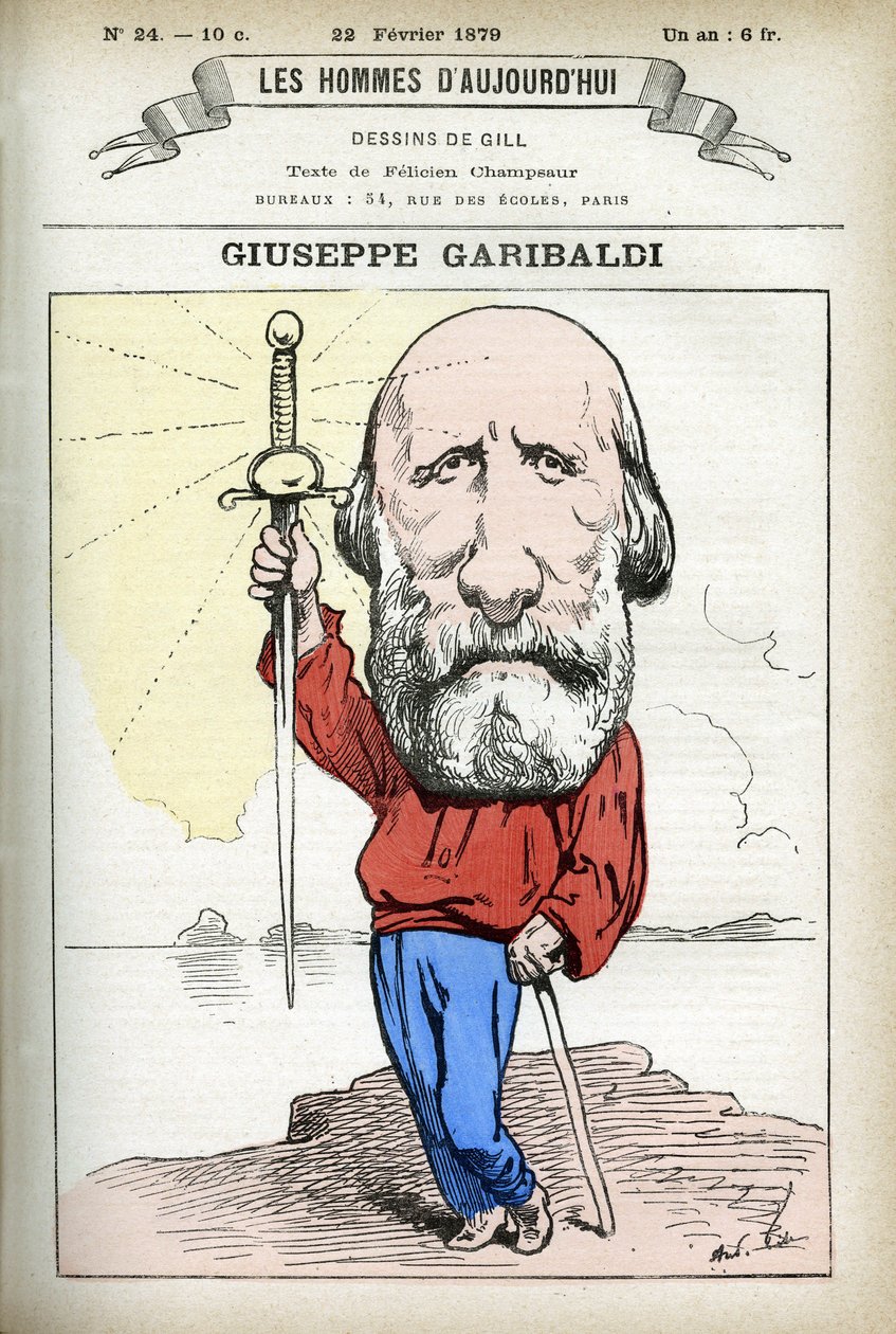 Retrato de Guiseppe Garibaldi (1807-1882), político italiano. Cartoon de Gill, em "Les Homme d