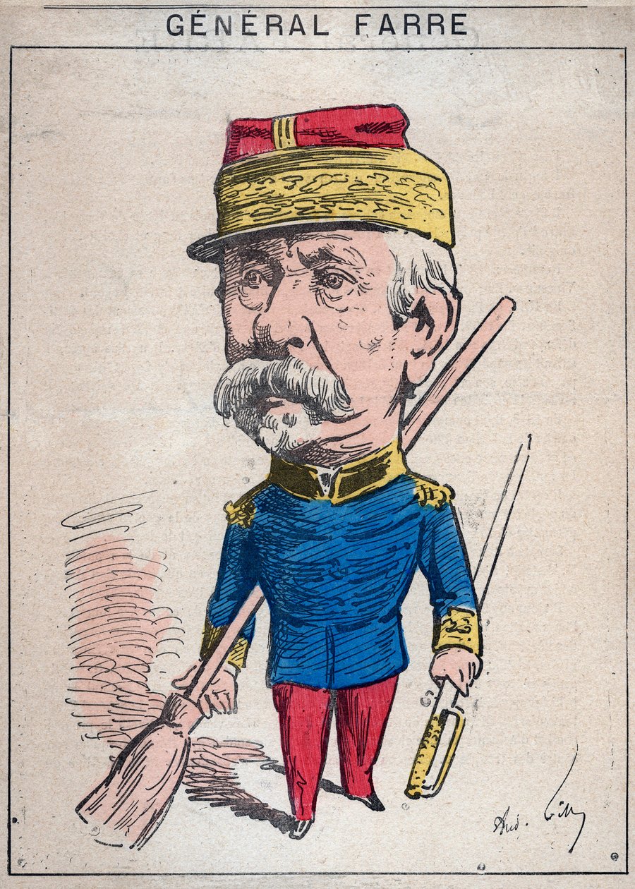 Retrato de Jean Joseph Frederic Albert Farre (1816-1887), um soldado francês, foi nomeado general em 1870 e ministro da guerra - desenho animado por André Gill em "Les Hommes d