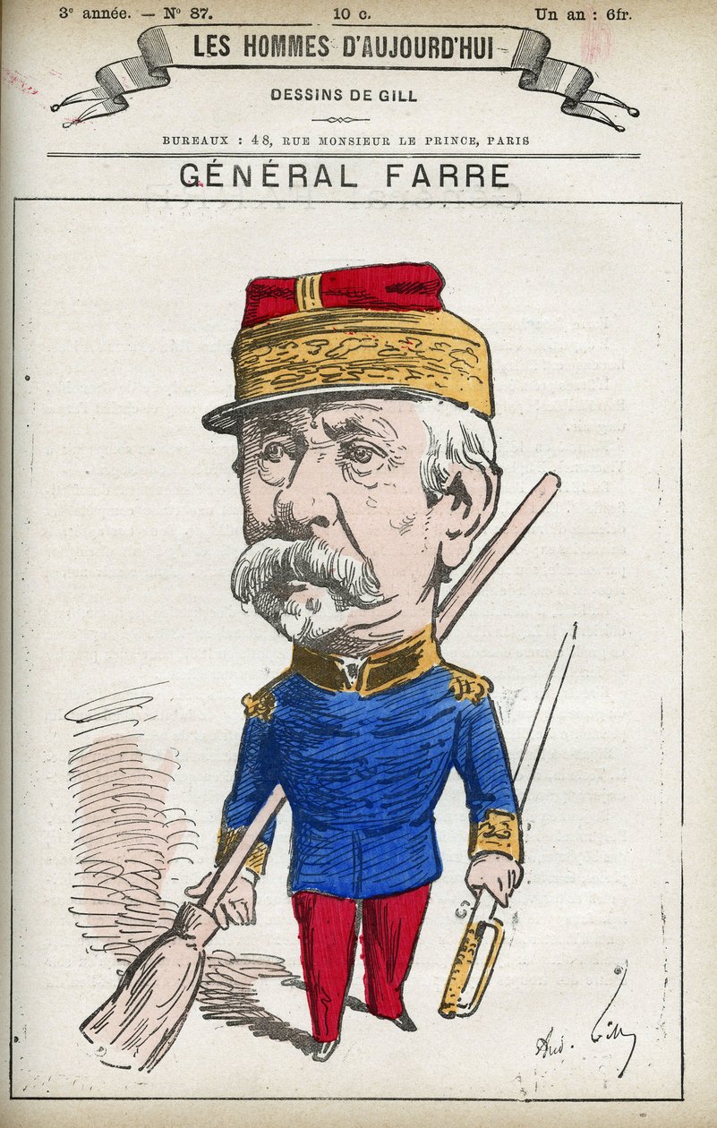 Retrato de Jean Joseph Frederic Albert Farre (1816-1887), um soldado francês, foi nomeado general em 1870 e ministro da guerra. Desenho animado por Gill, Paris. de Andre Gill