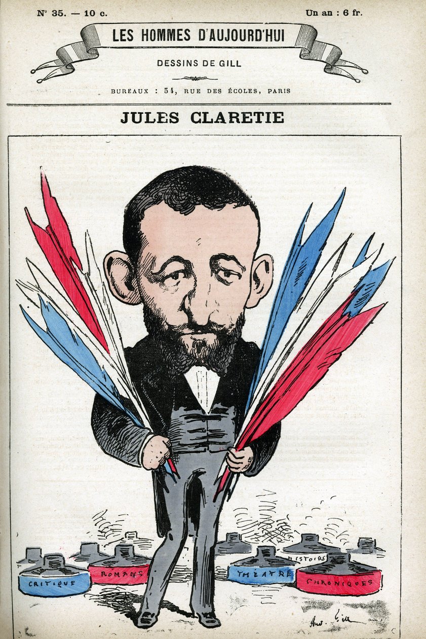Retrato de Jules Claretie (1840-1913), romancista, dramaturgo e crítico francês. Desenho animado de Gill, em "Les Homme d