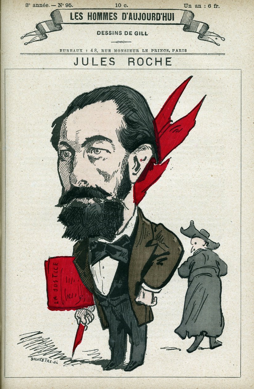 Retrato de Jules Roche (1841-1923), um político francês, foi deputado e ministro do comércio e indústria de 1890 a 1892. Desenho animado de Gill, Paris. de Andre Gill
