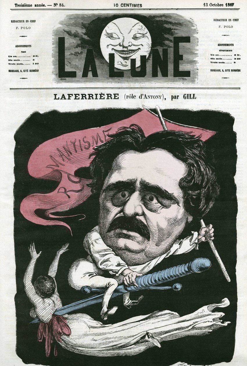 Retrato de Laferriere (1853-?) , ator francês no papel de "Antônio". Cartoon de Gill, em "A Lua", 13 de outubro de Andre Gill