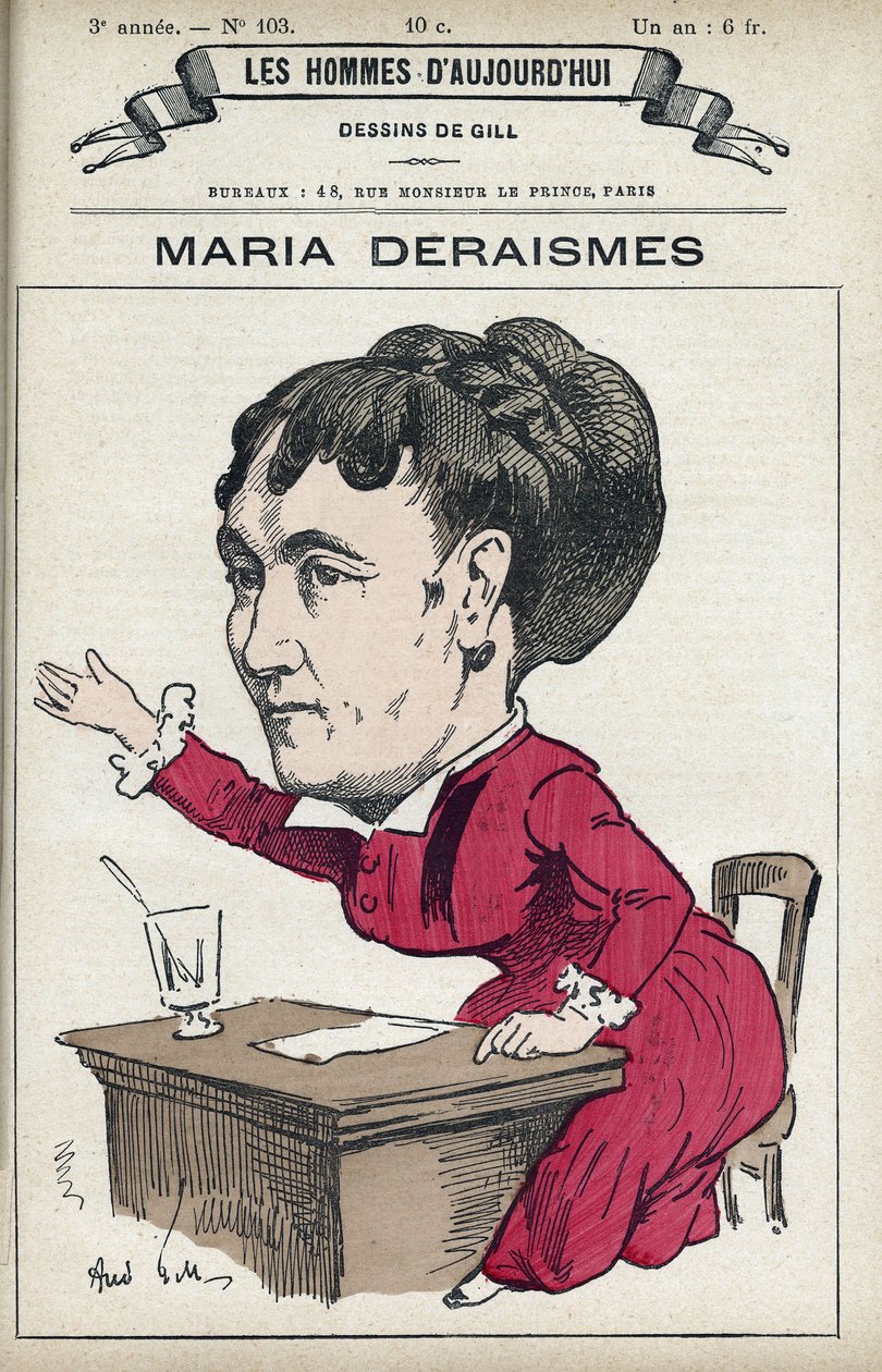 Retrato de Maria Deraismes (1828-1894), uma francesa de letras e feminista, fundou com Leon Richer, Louise Michel e Paule Minck a Association pour le droit des femmes em 1869. Cartoon de Gill, Paris. de Andre Gill