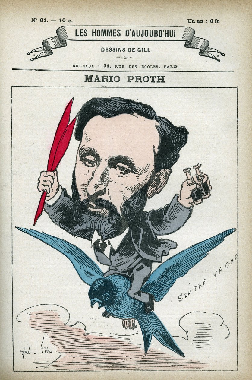 Retrato de Mario Proth (1832-1891), escritor, crítico literário e publicitário francês. Desenho animado de Gill, Paris. de Andre Gill