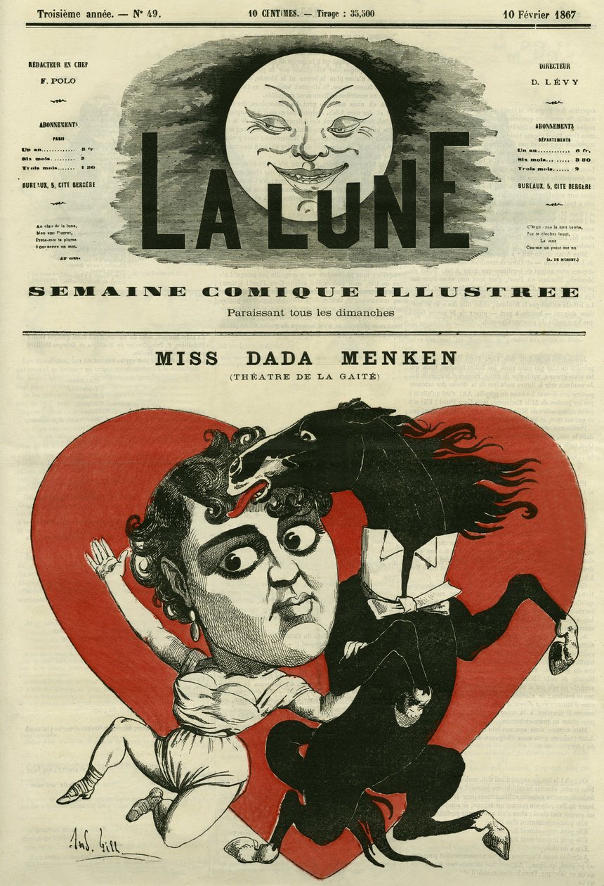 Retrato de Miss Adah-Isaacs Menken, cantora no teatro de la Gaite em Paris. Cartoon de Gill, em "The Moon", 10 de fevereiro de Andre Gill