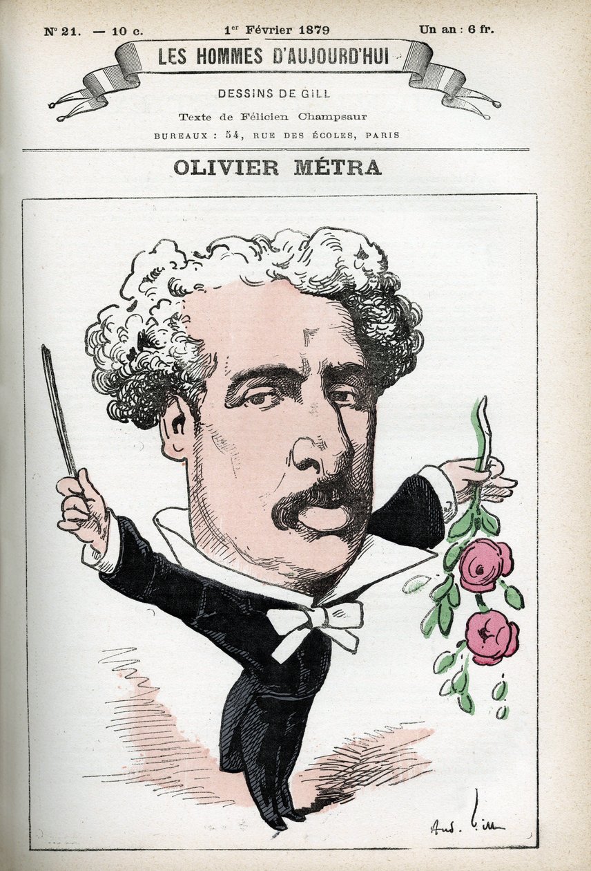 Retrato de Olivier Metra (1830-1889), ator francês, compositor popular. Desenho animado de Gill, em "Les Homme d