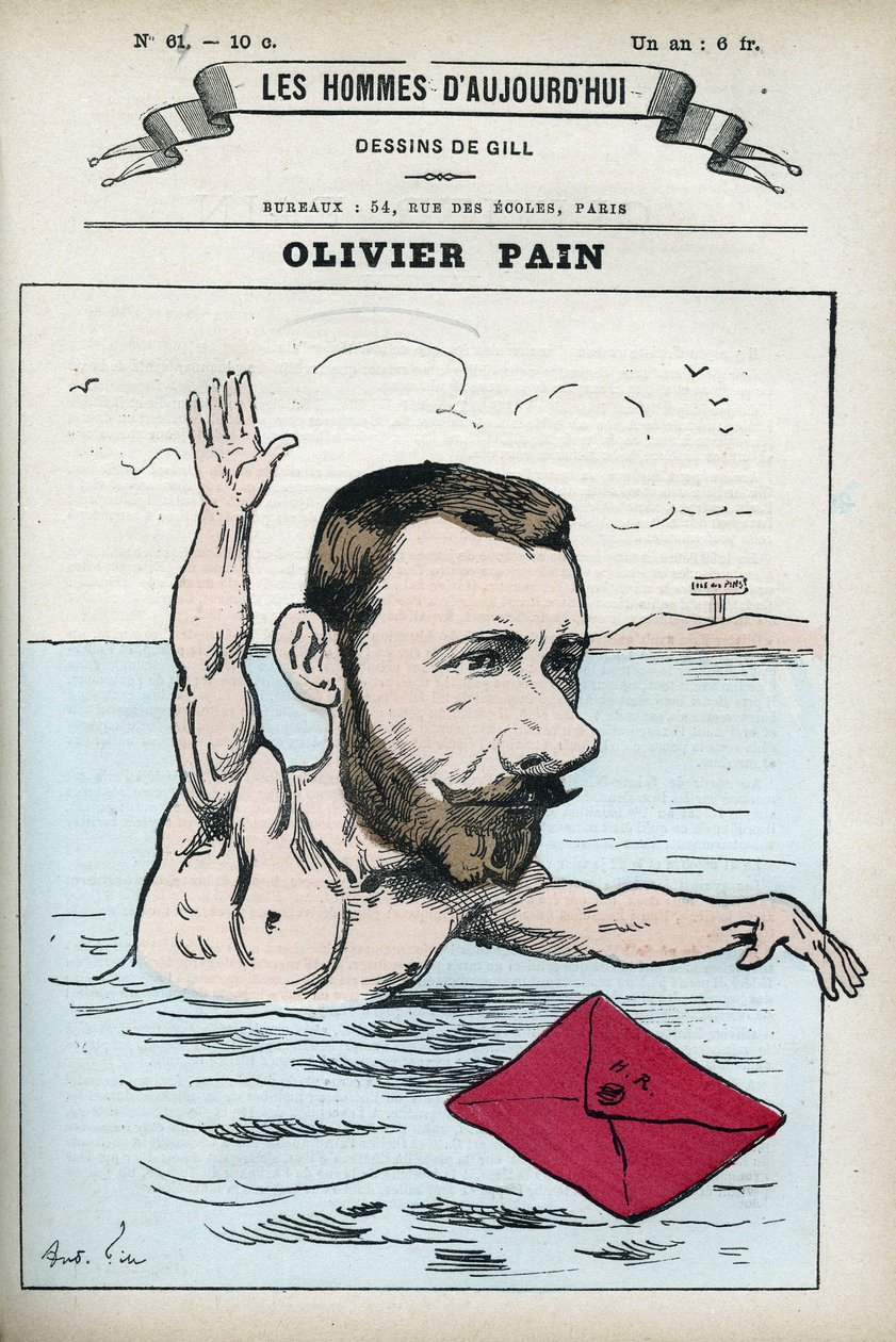Retrato de Olivier Pain, um político francês e comunal, foi o companheiro de bagne e fuga de Henri Rochefort (1831-1913). Desenho animado de Gill, Paris. de Andre Gill
