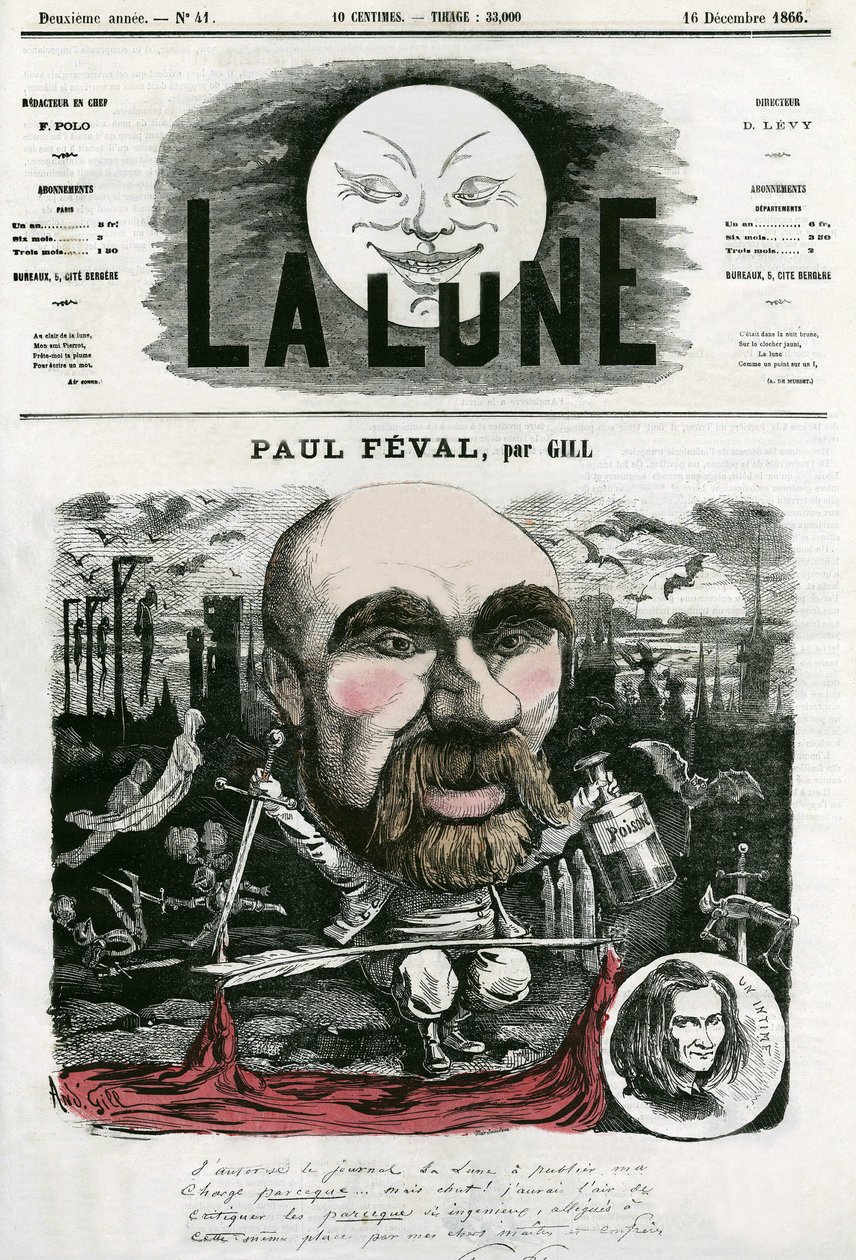 Retrato de Paul Feval (1816-1887), escritor francês. Desenho animado de Gill, em "La Lune", 16 de dezembro de Andre Gill