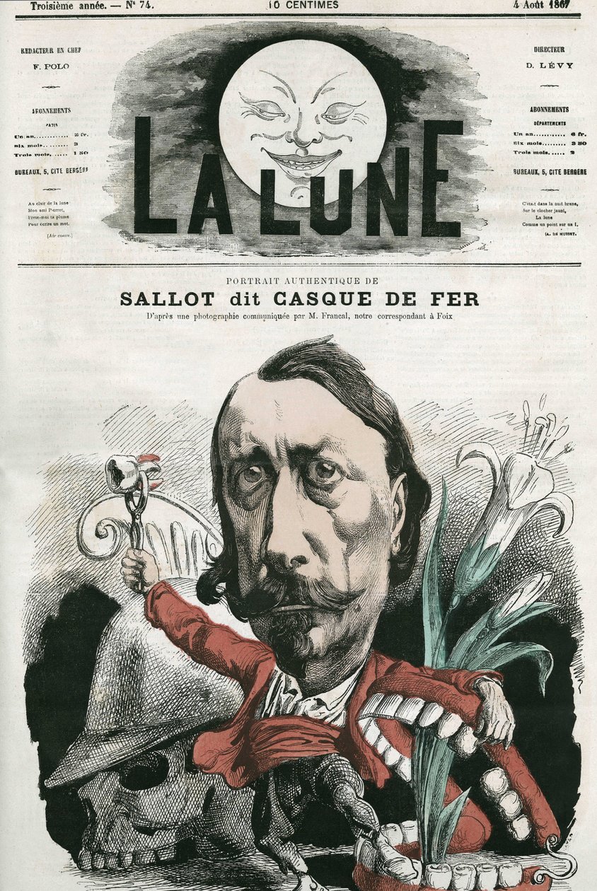 Retrato de Sallot, conhecido como "Capacete de Ferro". Caricatura de Gill, em "La Lune", 4 de agosto de Andre Gill