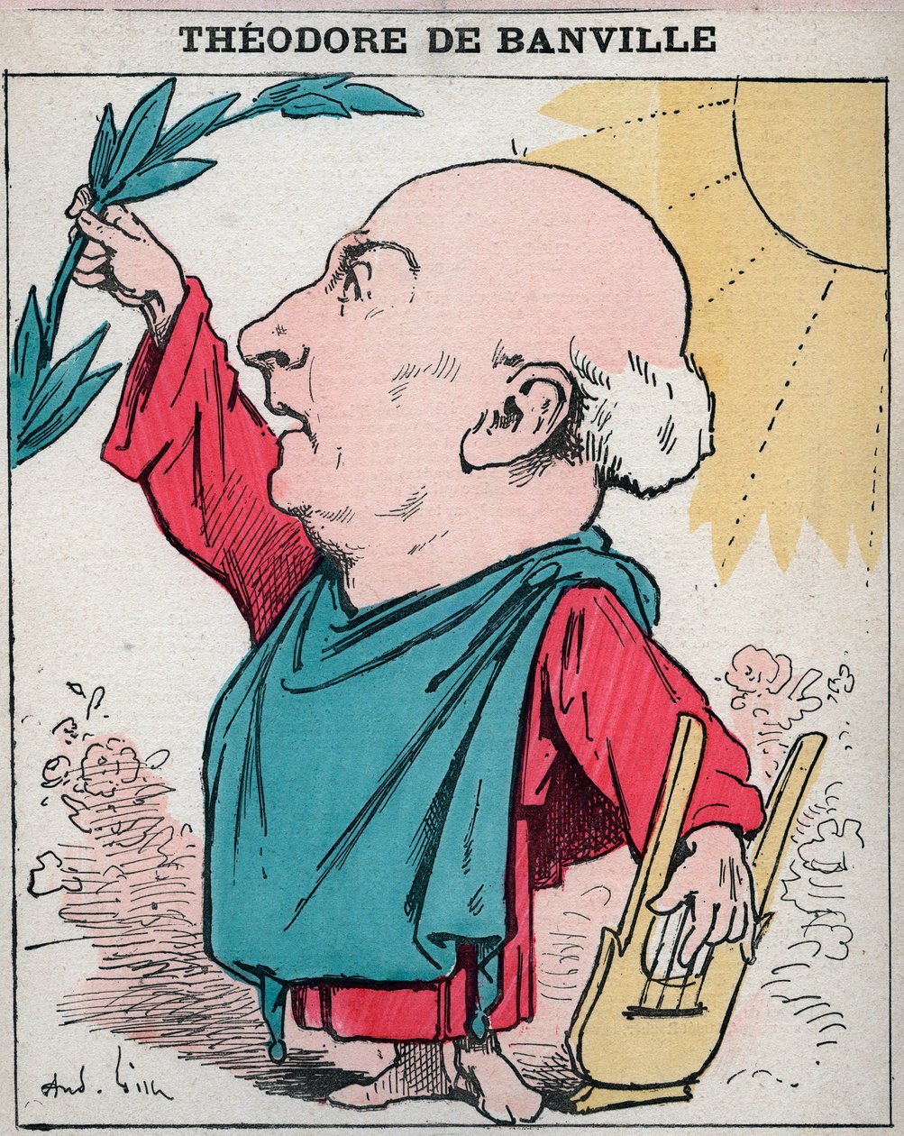 Retrato de Theodore de Banville (1823-1891), poeta francês - desenho animado por Andre Gill em "Les Hommes d