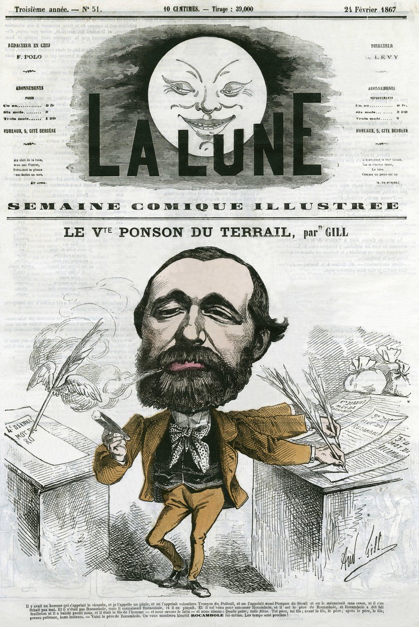 Retrato de Viconte Ponson du Terrail (1829-1871), escritor popular francês, autor de uma ópera de romance e sabão. Desenho animado de Gill, em "A Lua", 24 de fevereiro de Andre Gill