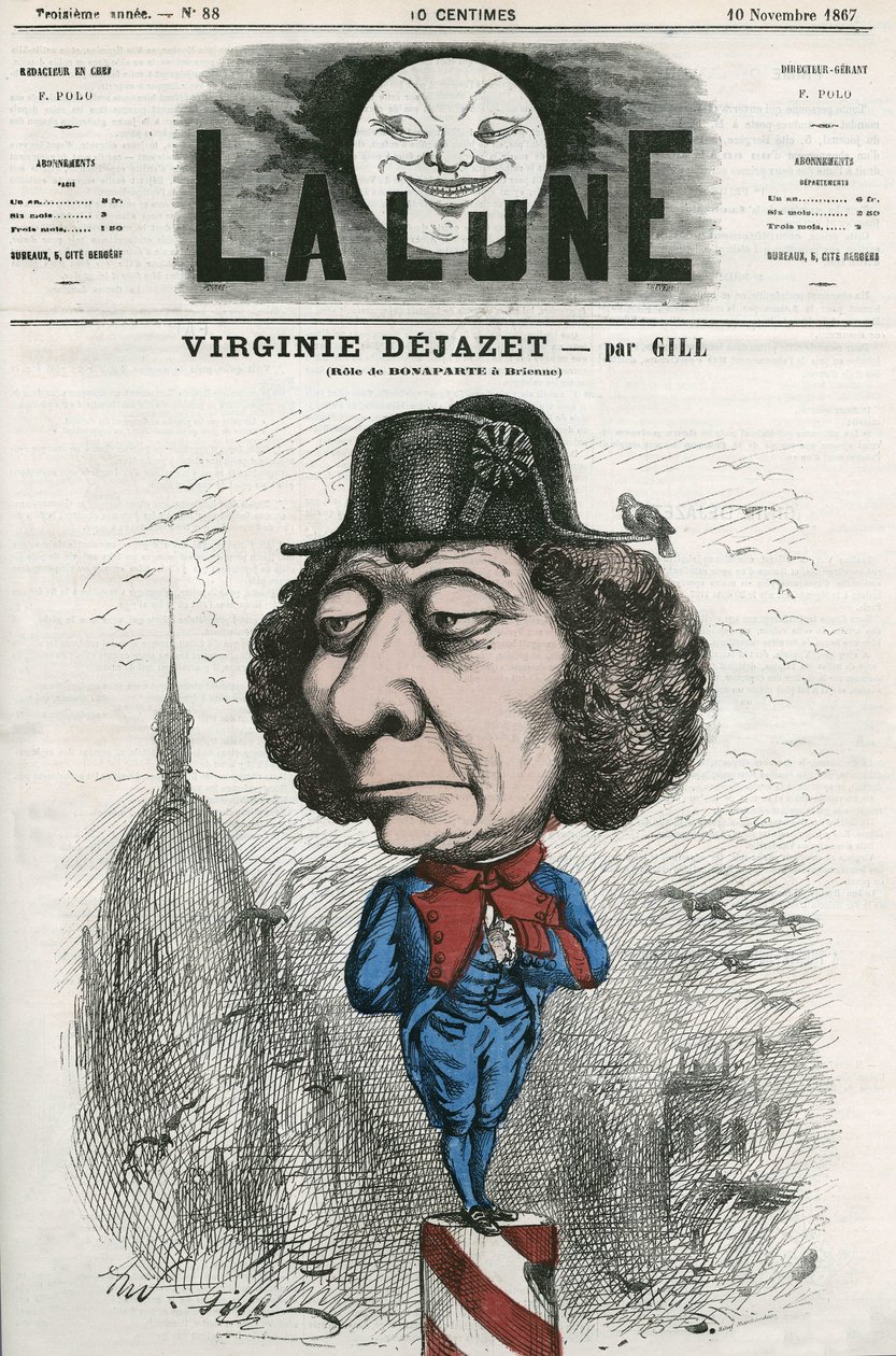 Retrato de Virginie Dejazet (1798-1875), atriz francesa no papel de Bonaparte. Desenho animado de Gill, em "La Lune", 10 de novembro de Andre Gill