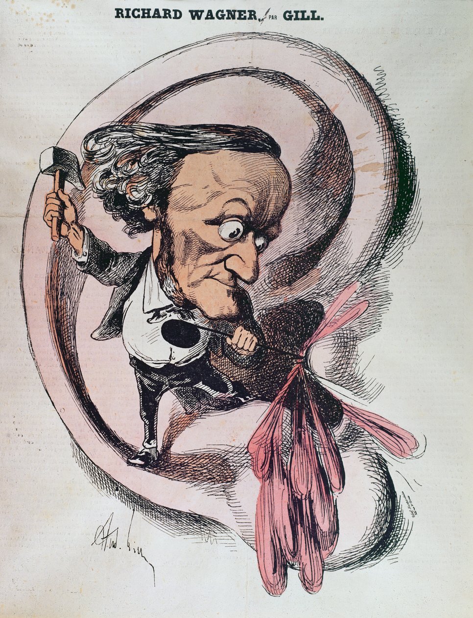 Richard Wagner dividindo o tímpano do mundo, ilustração em &39;L&39;Eclipse&39; (impressão) de Andre Gill
