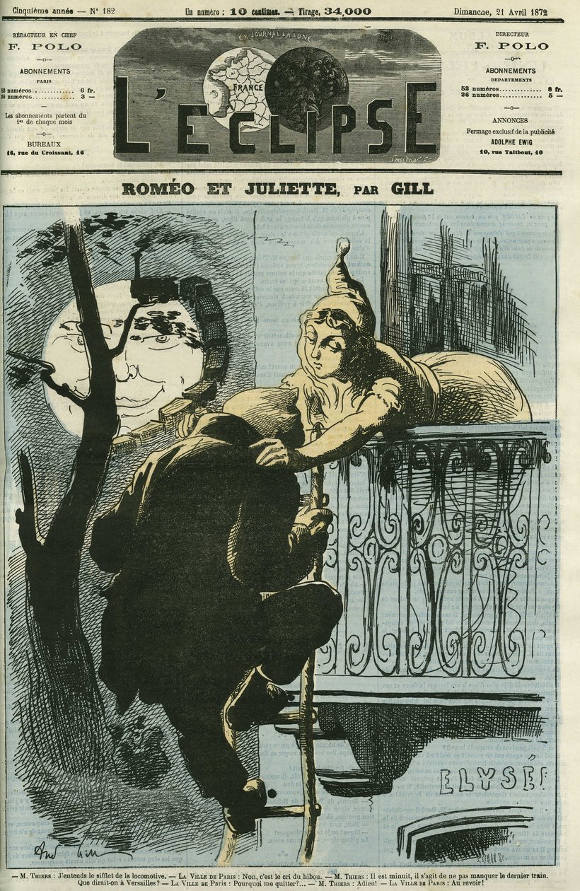 Romeo e Juliette, Adolphe Thiers (1797-1877), deputado de Paris, deixou a cidade para Versalhes quando se tornou Presidente da República. Capa em "L