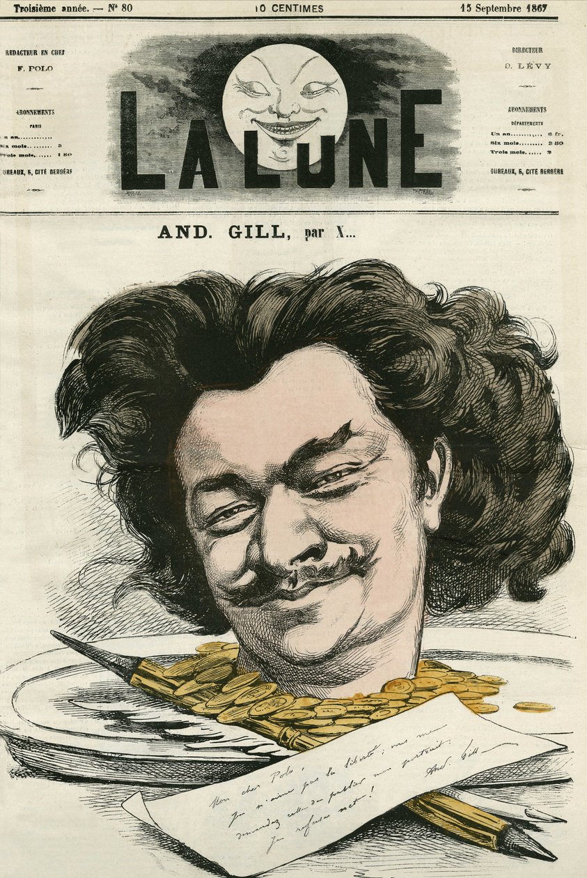 Auto-retrato de Louis-Alexandre Gosset de Guines dit Andre Gill (1840-1885), cartunista e cartoonista francês. Desenho animado de Gill, em "The Moon", 15 de setembro de Andre Gill