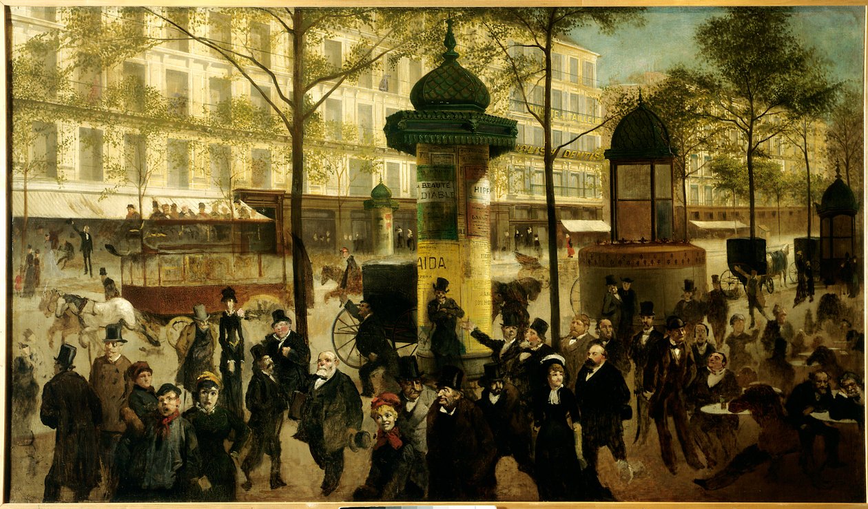Esboço para um panorama do Boulevard Montmartre anima as personalidades parisienses contemporâneas de Andre Gill