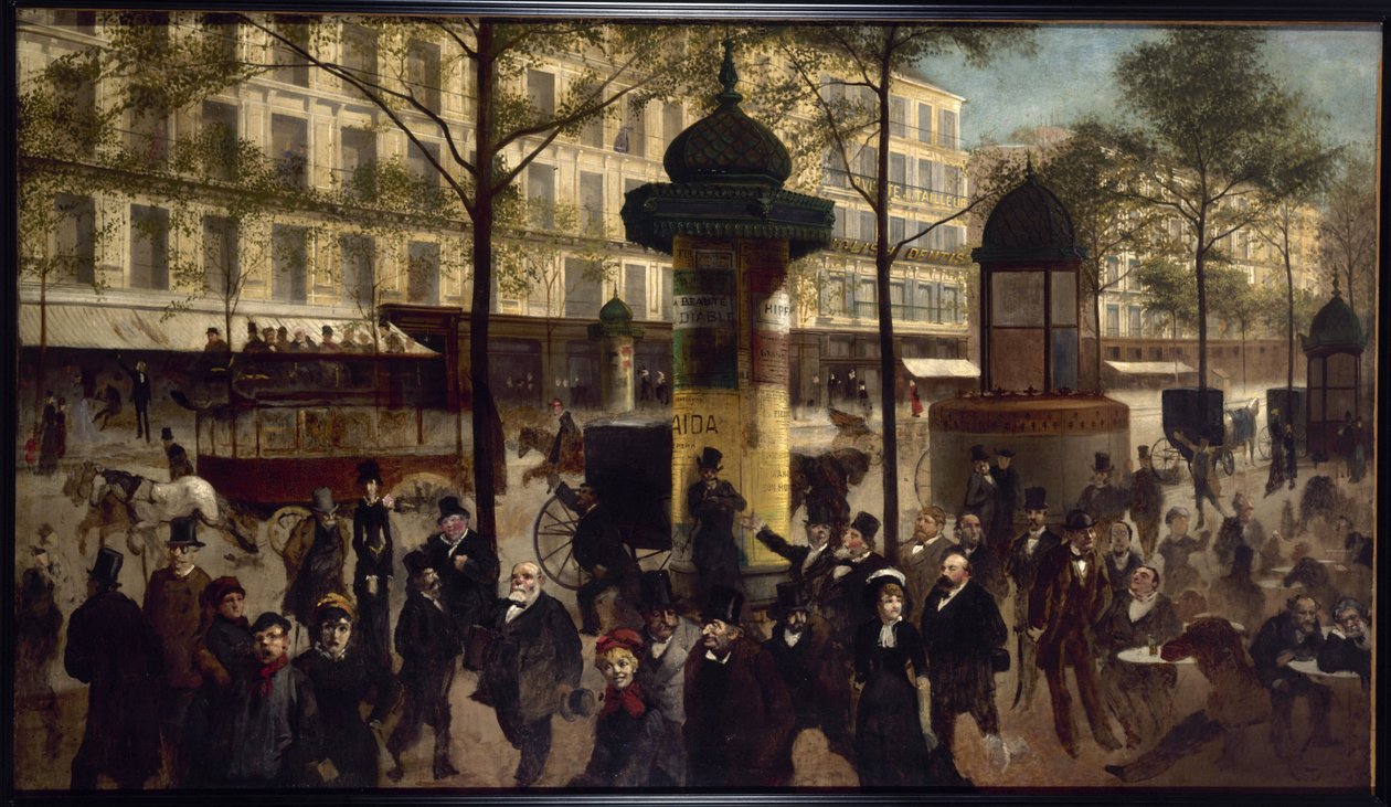 Esboço para um panorama do Boulevard Montmartre com personalidades parisienses contemporâneas, cerca de 1880 (óleo sobre tela) de Andre Gill