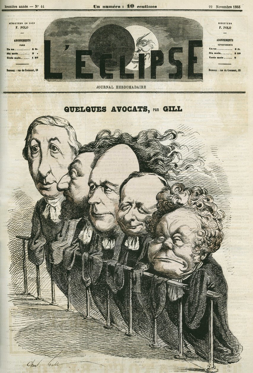 Alguns advogados, Emmanuel Arago (1812-1896), Leon Gambetta (1838-1882), Jules Grevy (1807-1891), Laurier e Adolphe Cremieux (1796-1880). Capa em "L